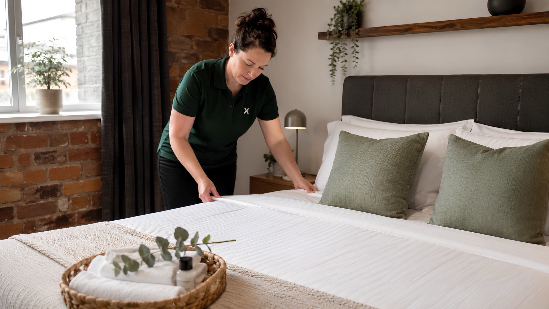 Slate Services cleaner making up a short-term rental bedroom