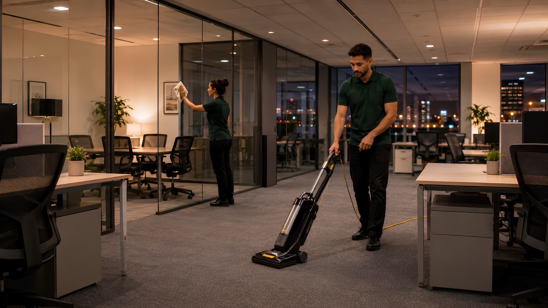Slate Services team cleaning a Birmingham office at night