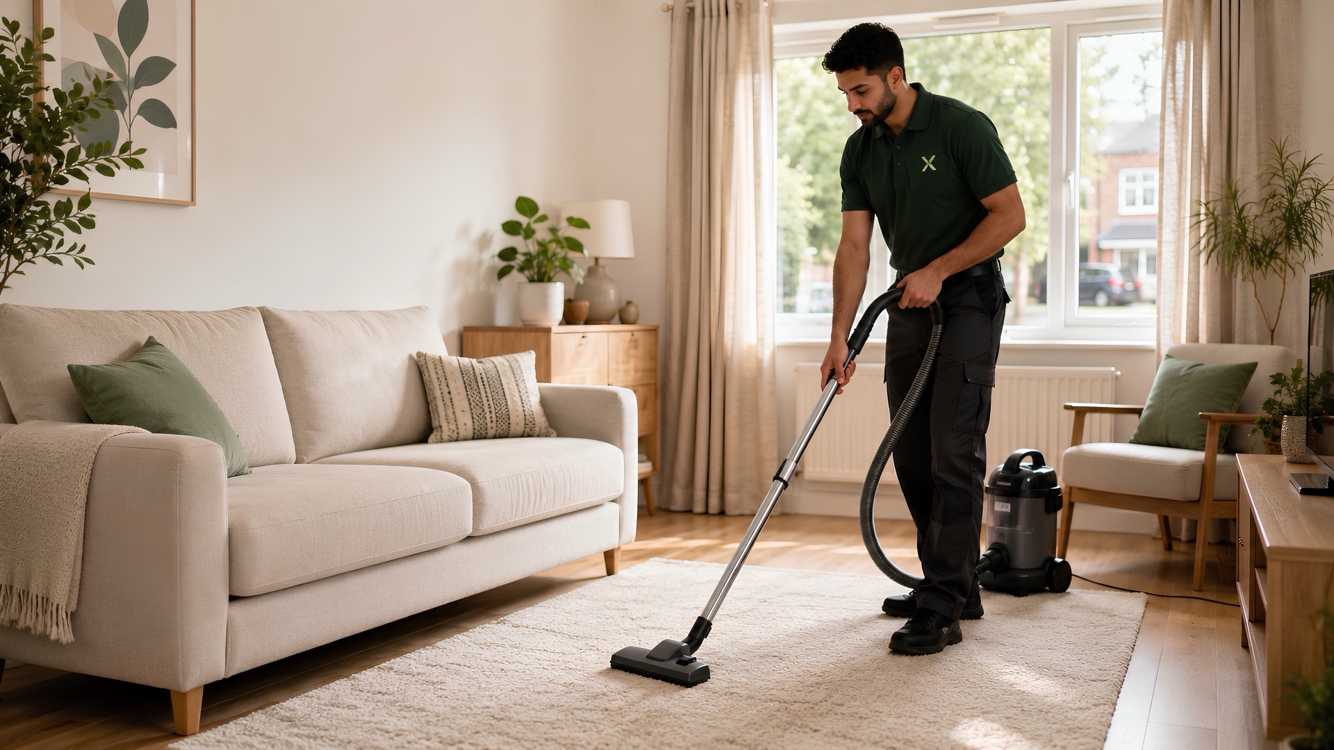 Slate Services cleaner vacuuming a Birmingham living room