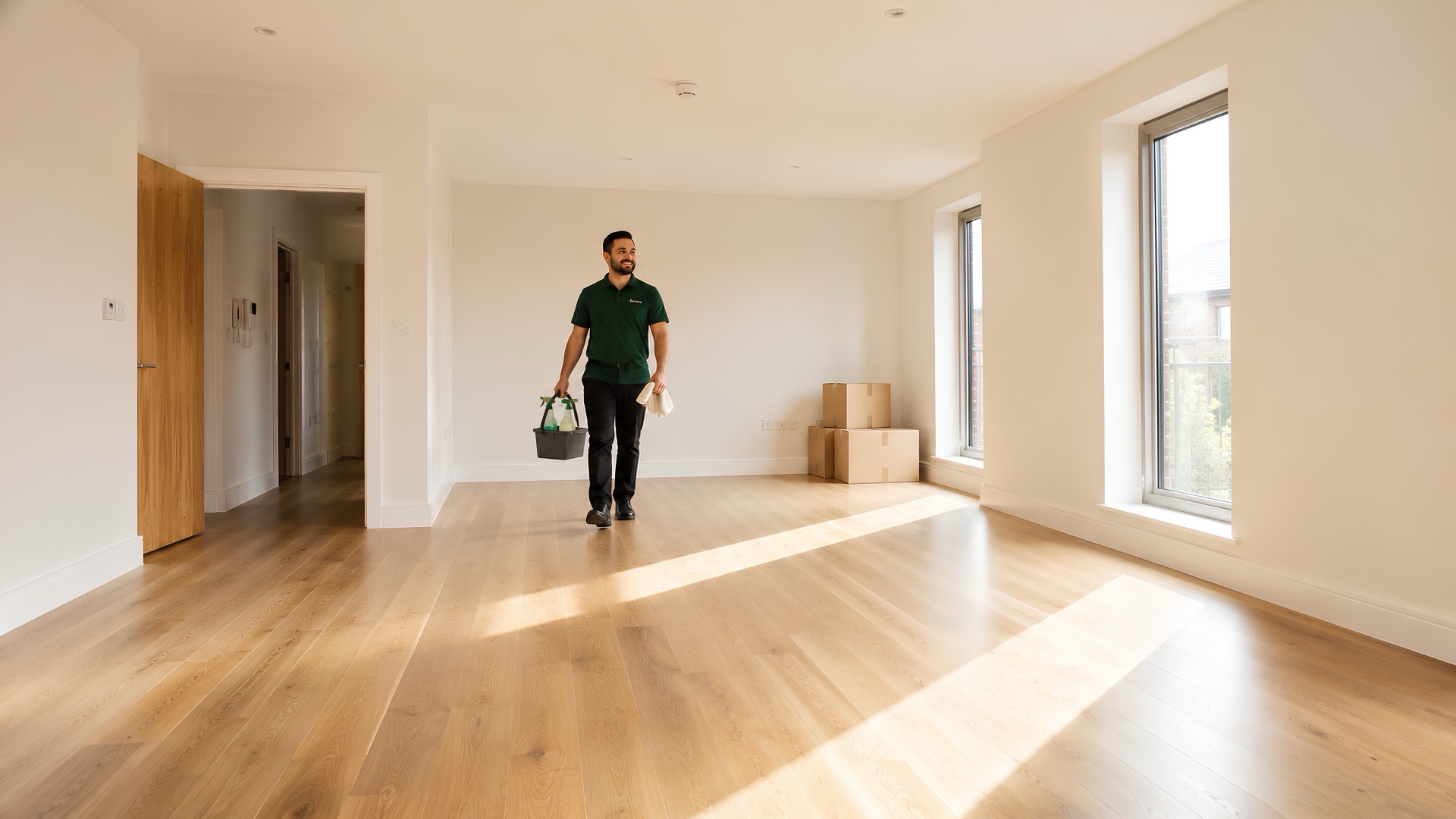Slate Services cleaner walking into an empty flat ready for handover